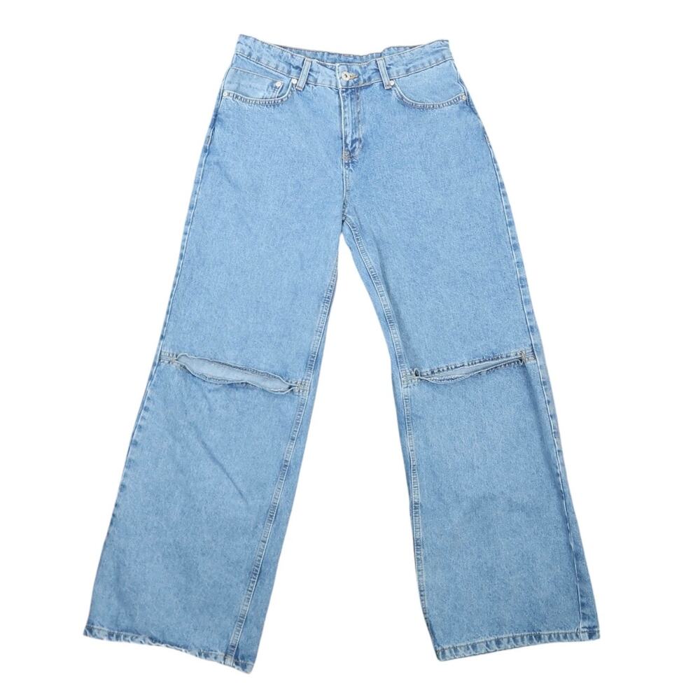 Ragged Jeans light wash blue mid rise baggy wide leg split knee jeans 26